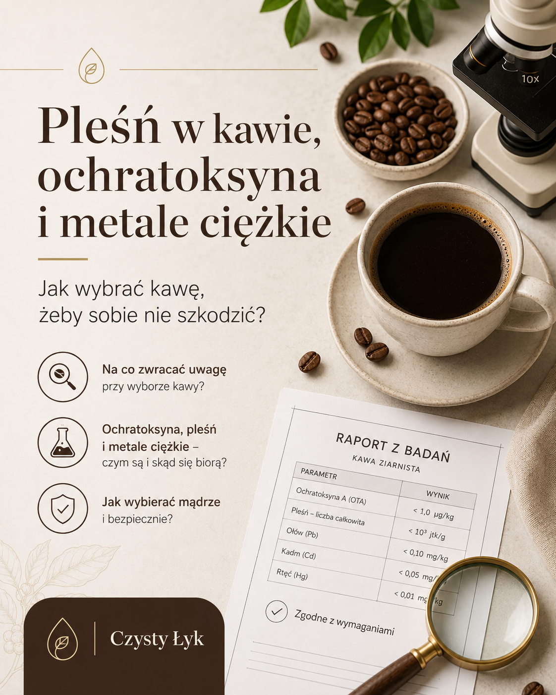 Filiżanka kawy, ziarna i raport badań – pleśń, ochratoksyna i metale ciężkie w kawie